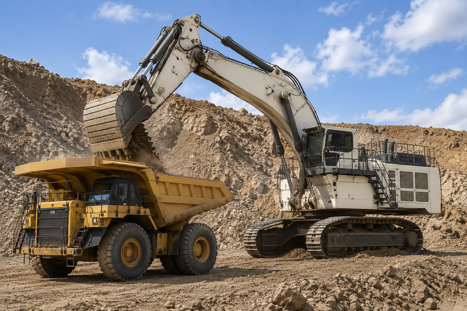Excavator loading a CAT 793 haul truck on site