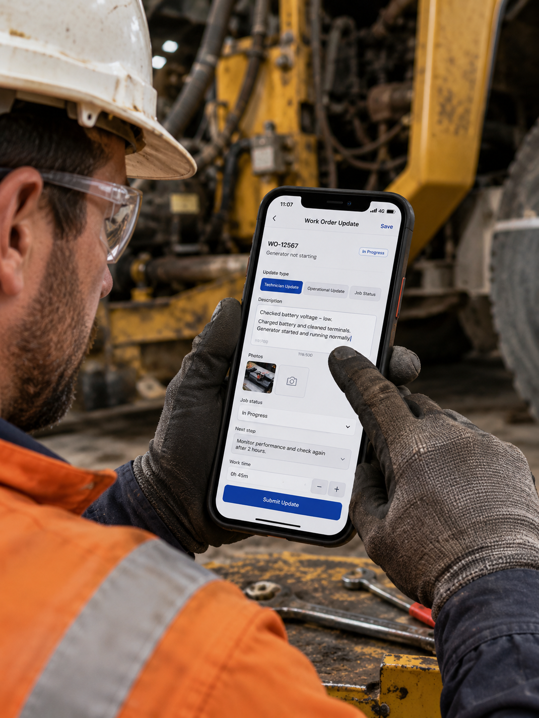 Technician logging a work order update on a mobile device