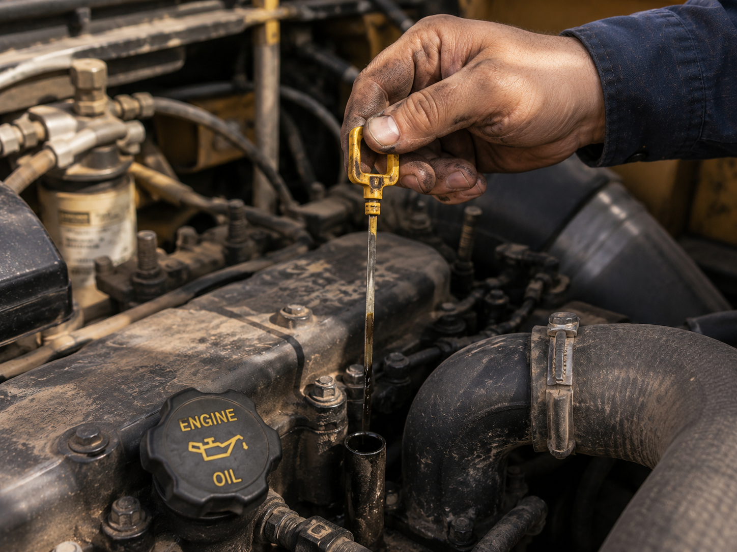 Close-up of an engine bay during an oil level check
